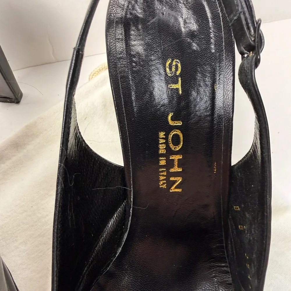 Vintage St. John Anna Slingback Pumps Two Tone Kitten Heel 8B Blk Leather‎ Italy